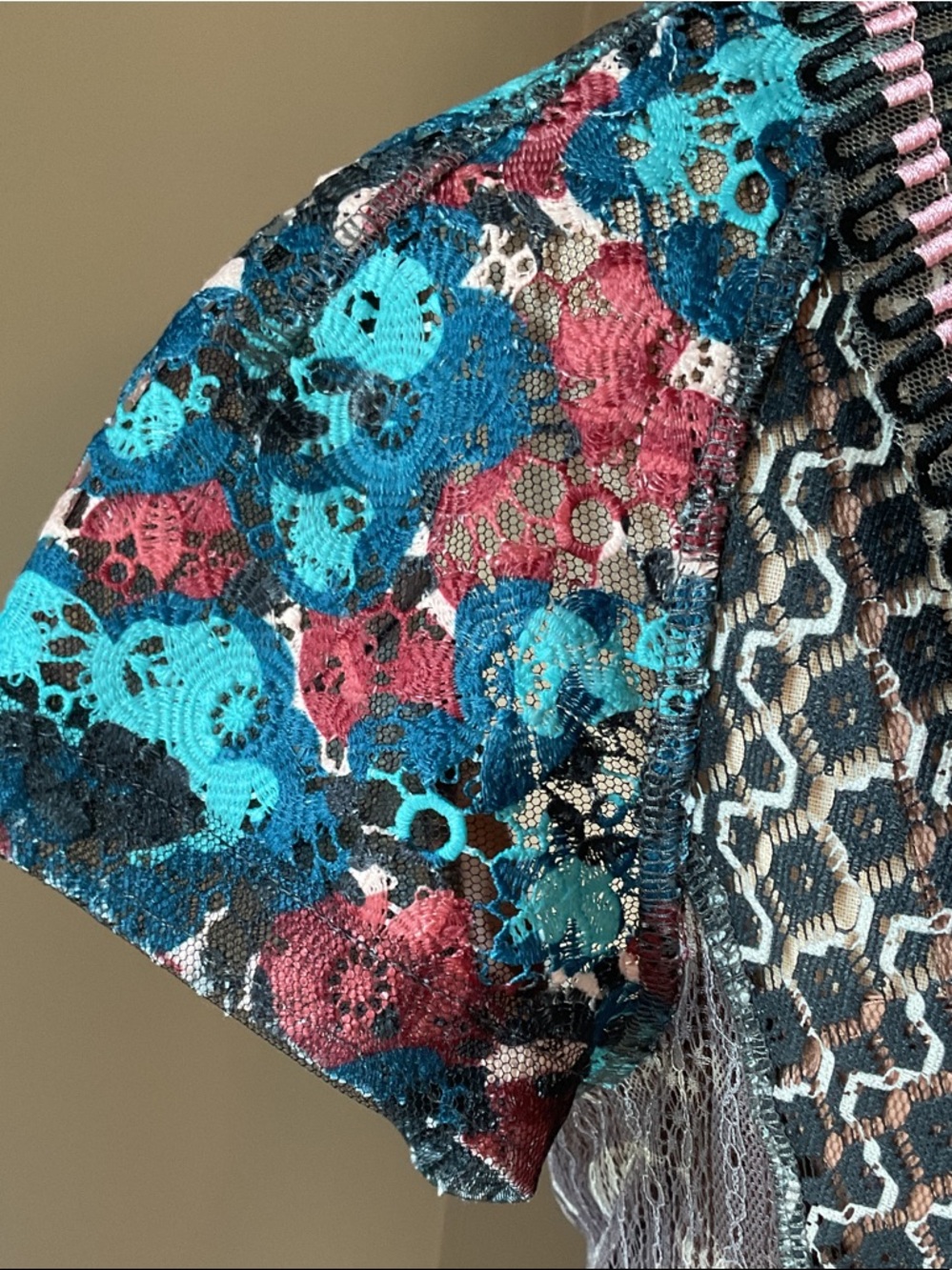 Anthro/Byron Lars Black Floral Patchwork Midi Dress with Teal & Pink Accents - Picture 6 of 13